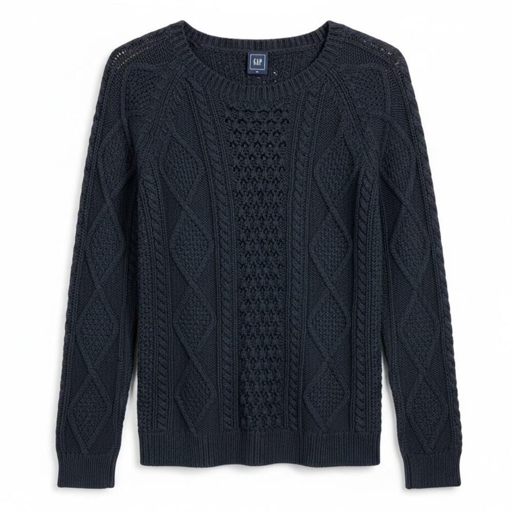 Gap Fisherman Knit Sweater Women's Small Navy Blue Cable Knit Crewneck Cotton